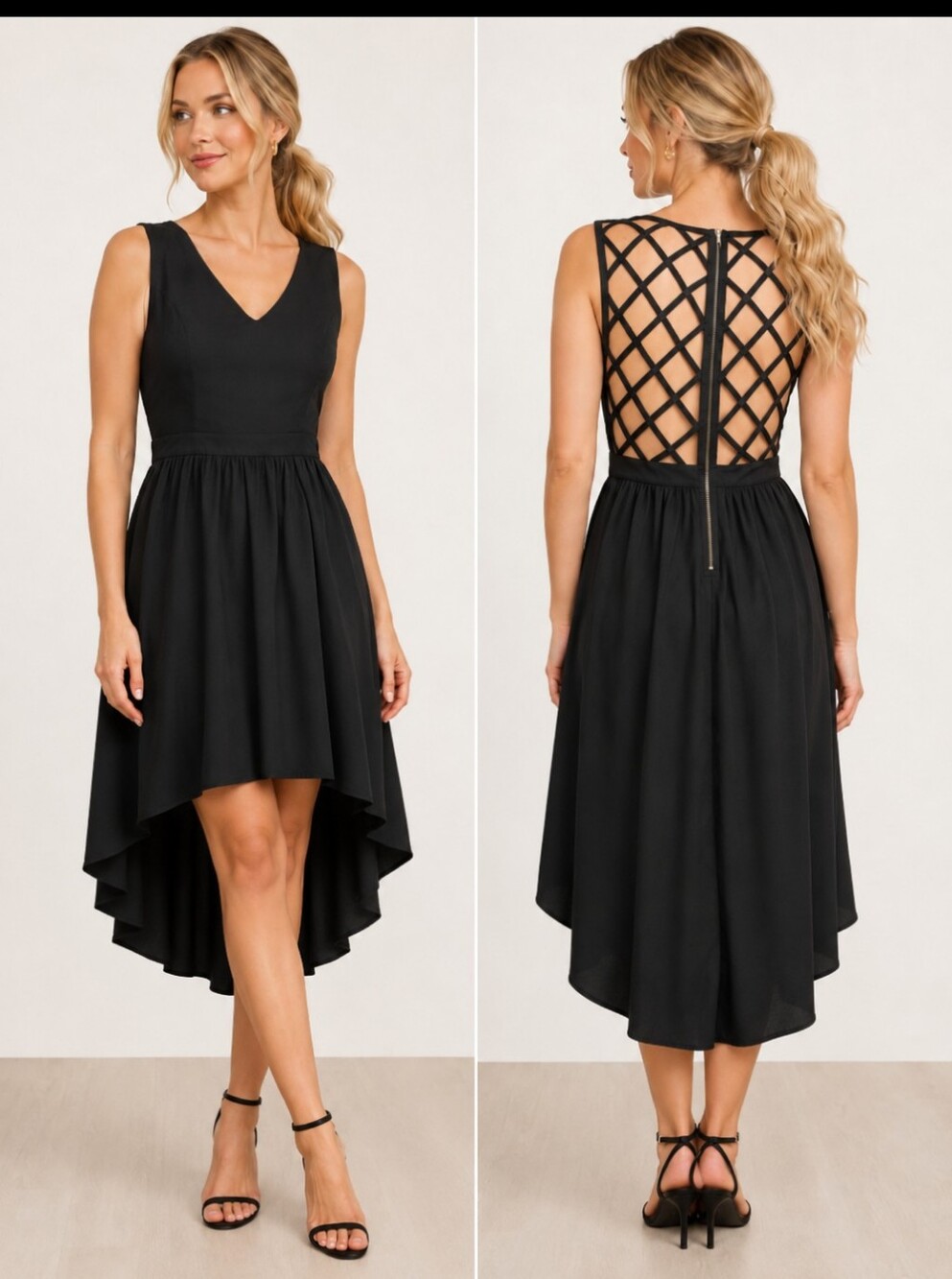 Hi Low Black Sleeveless Dress Lattice Back Party Chic Dramatic Feminine   Sz S